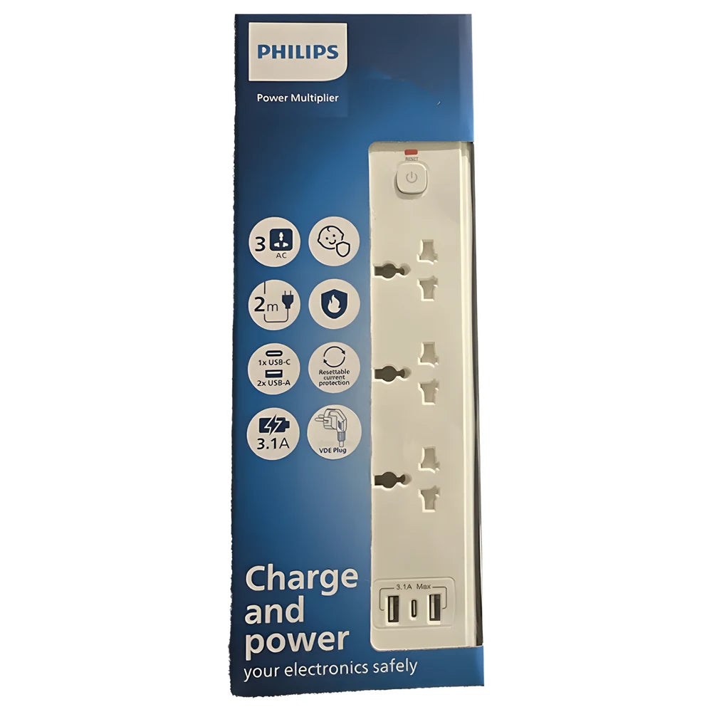 Power Strip 3 Outlets with USB-C 2m - Philips