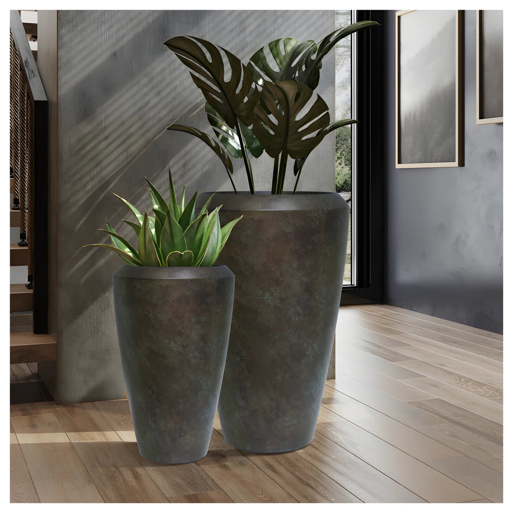 Linford Tall Round Planter Patina Metal