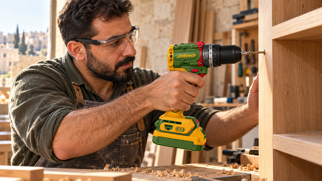 Carpenter driving a screw into a wooden shelf with a compact cordless brushless drill