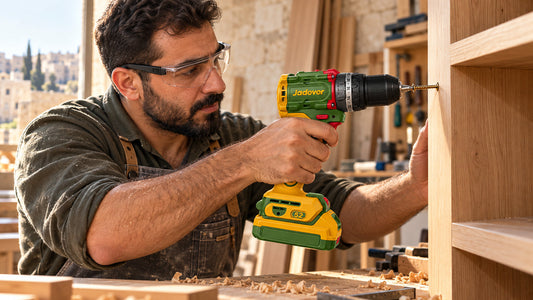 Carpenter driving a screw into a wooden shelf with a compact cordless brushless drill