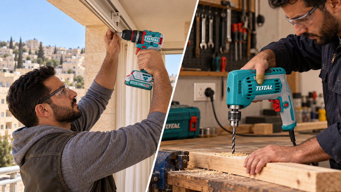 Cordless drill fixing curtain rails on a balcony next to a corded drill in a workshop