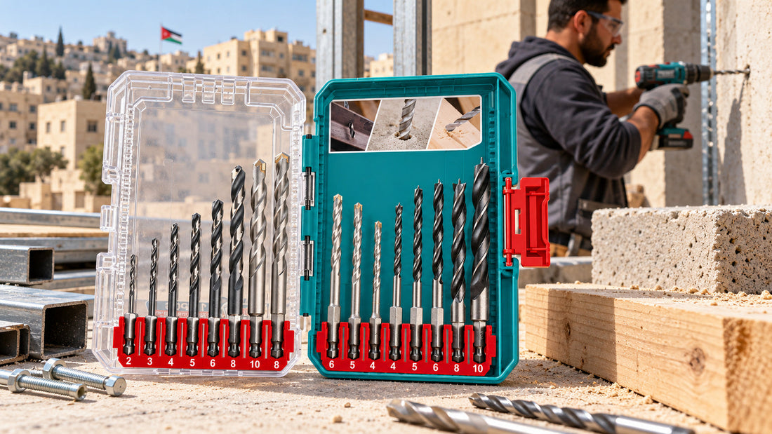 Open drill bit cases with metal, masonry and wood bits on a building site workbench