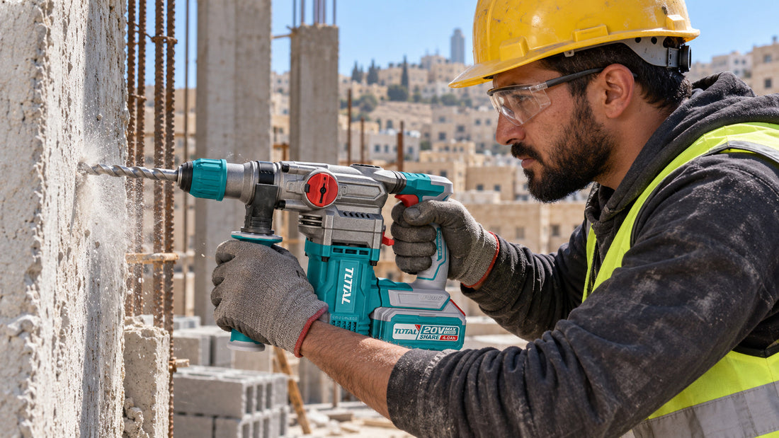 Worker drilling into a concrete wall with a cordless rotary hammer on a Jordanian building site