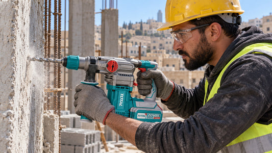 Worker drilling into a concrete wall with a cordless rotary hammer on a Jordanian building site