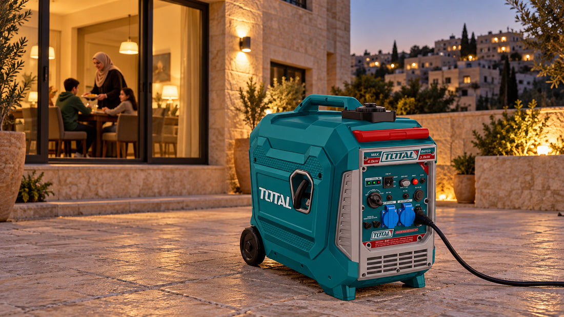 Compact inverter generator running outside a Jordanian house during a power cut at dusk