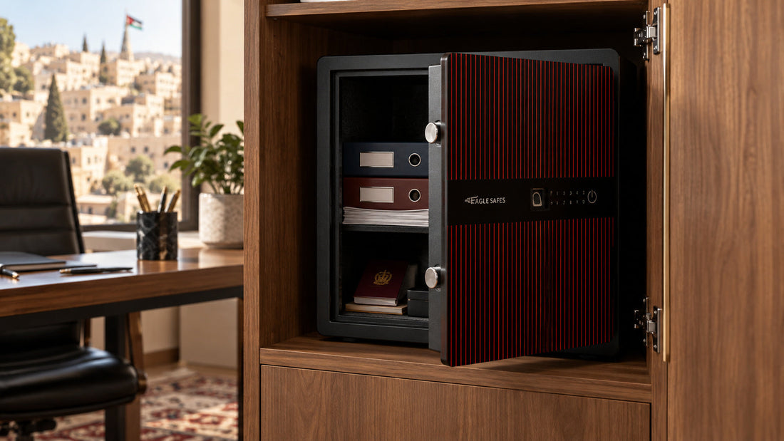 Fireproof safe inside a wooden wardrobe in a home office with documents inside