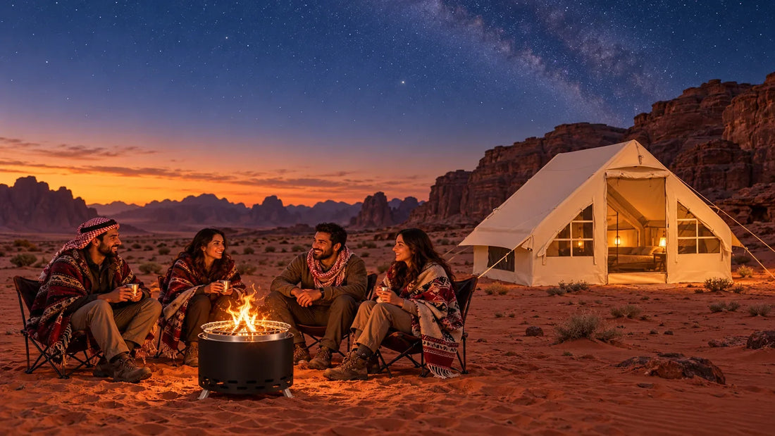 Friends around a fire pit beside an inflatable canvas tent in Wadi Rum at blue hour