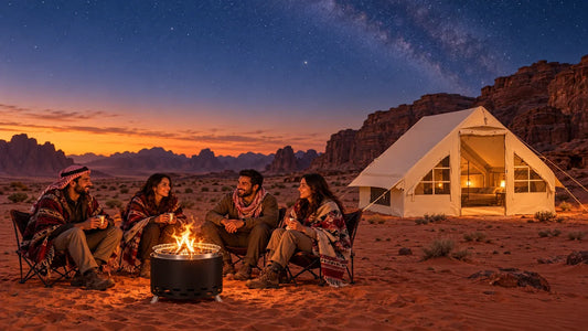 Friends around a fire pit beside an inflatable canvas tent in Wadi Rum at blue hour