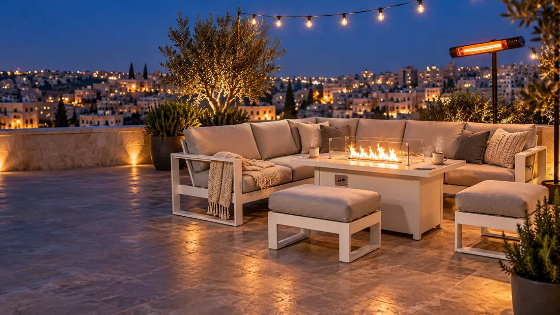 Cosy winter rooftop terrace in Amman with lounge set, gas fire pit table and electric patio heater