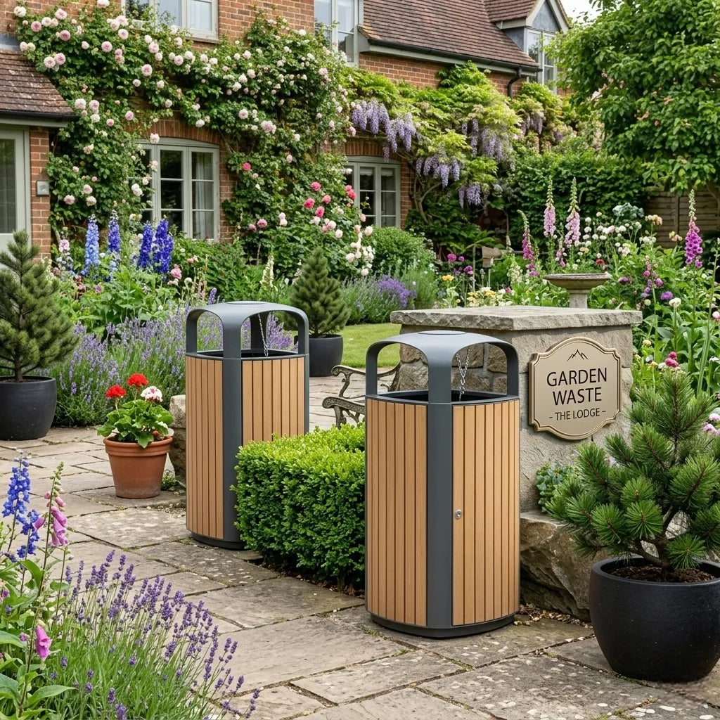 Outdoor WPC Wood Slat Trash Bin with Stainless Steel Frame – Lockable Waste Bin - 4