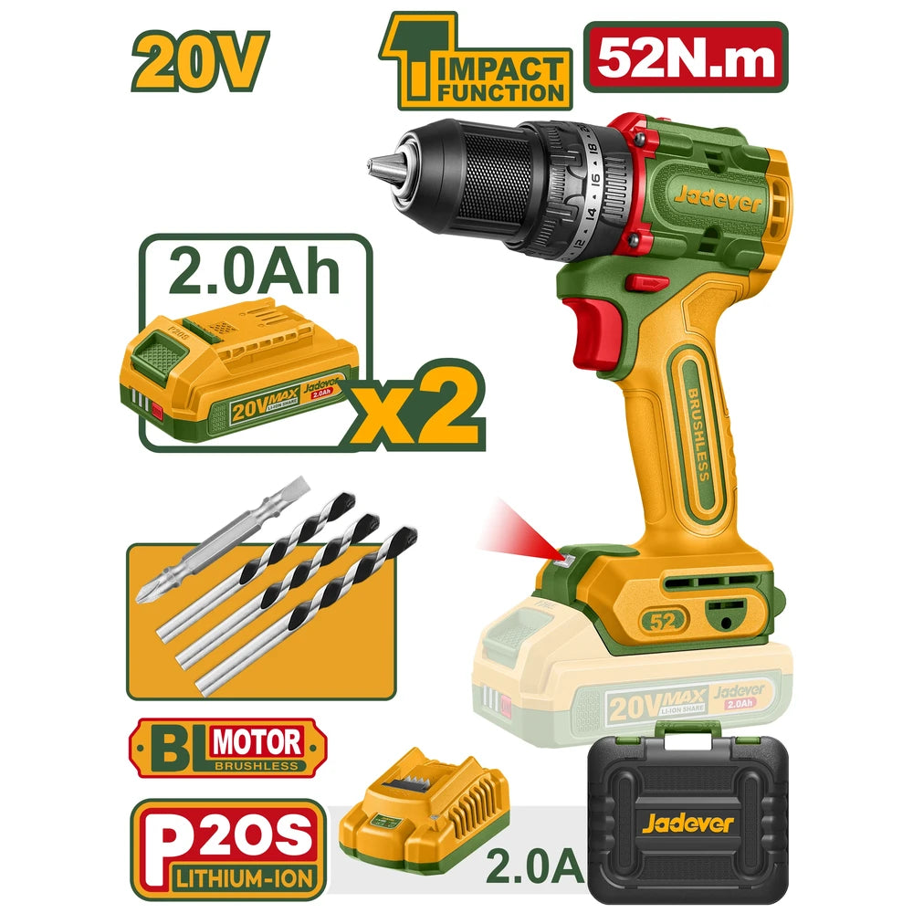 Compact Brushless Cordless Impact Drill 20V 52Nm with Battery - JADEVER