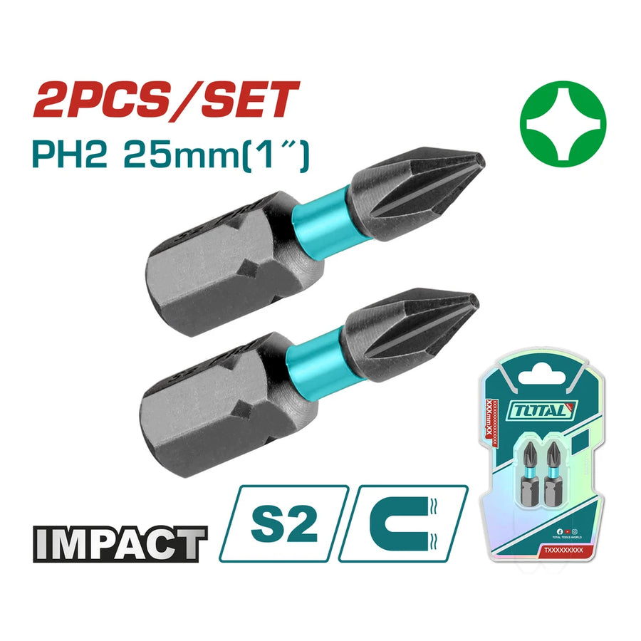 راسيات مفك إمباكت PH2 25 ملم 2قطعة - توتال