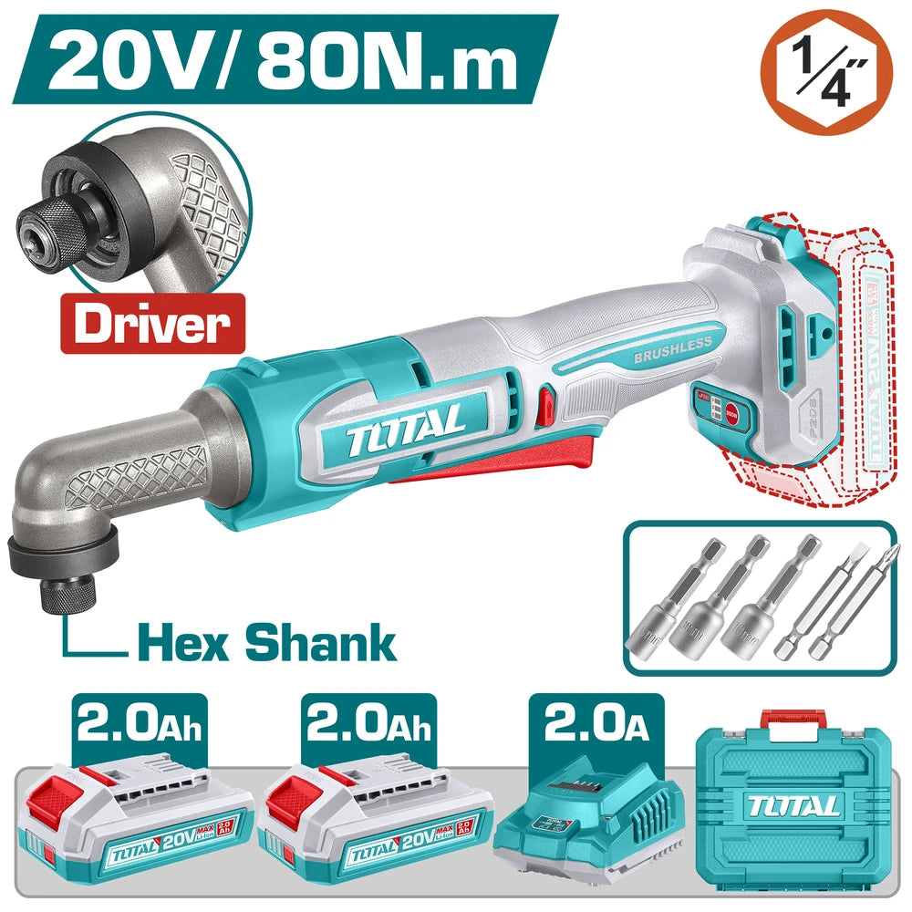 Cordless Angle Impact Driver 20V 80Nm with Battery - TOTAL