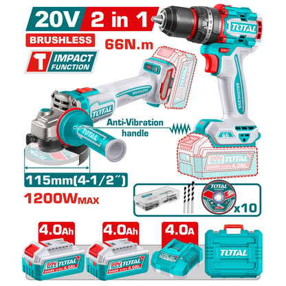 2 Pcs Cordless Combo Kit 20V 66Nm with Battery - TOTAL