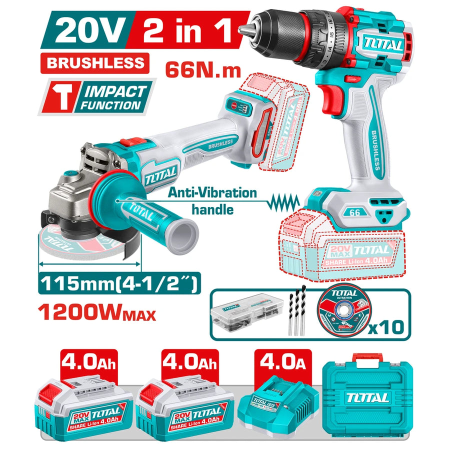 2 Pcs Cordless Combo Kit 20V 66Nm with Battery - TOTAL