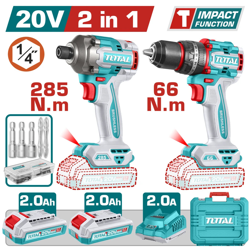 Cordless 2 Pcs Combo Kit 20V 66Nm with Battery - TOTAL