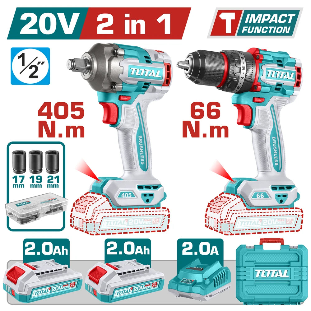 Cordless 2 Pcs Combo Kit 20V 66Nm 1/2" with Battery - TOTAL