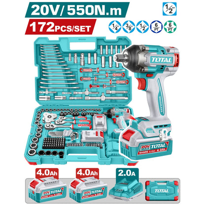 172 Pcs Cordless Impact Wrench Tools Set 20V 550Nm with Battery - TOTAL