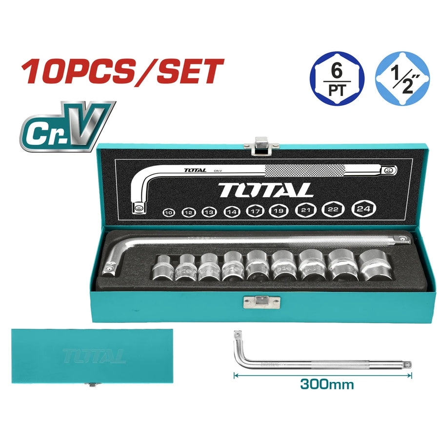 10 Pcs 1/2" Socket Set 10-12-13-14-17-19-21-22-24mm - TOTAL