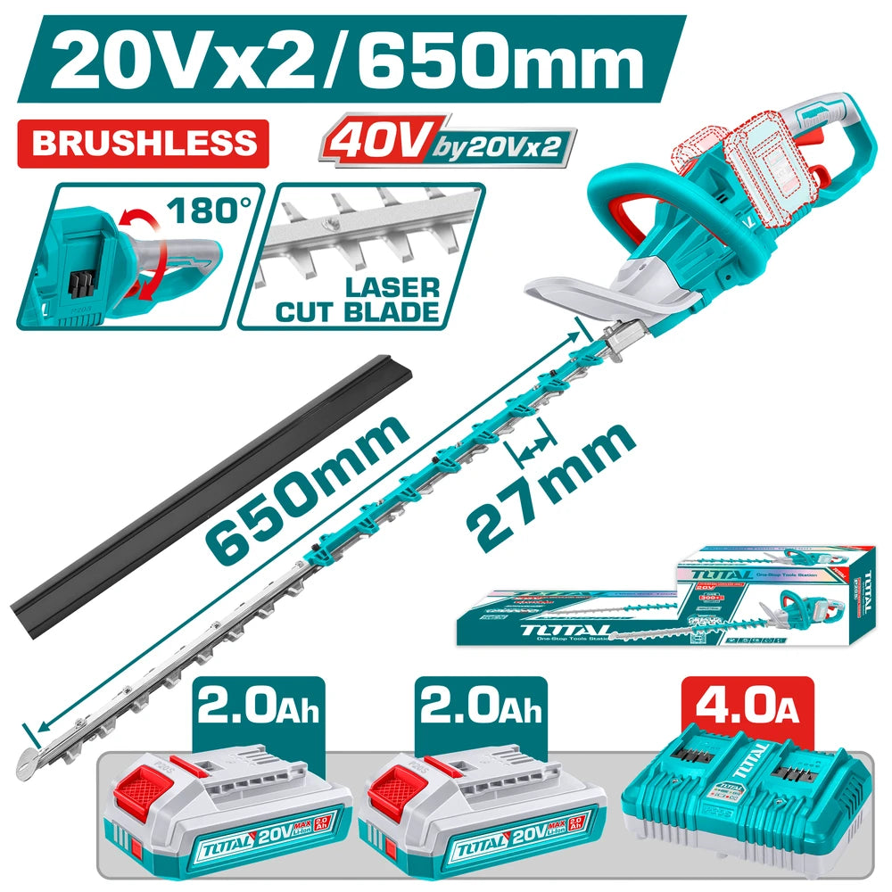 Cordless Hedge Trimmer 40V(20V+20V) with Battery - TOTAL
