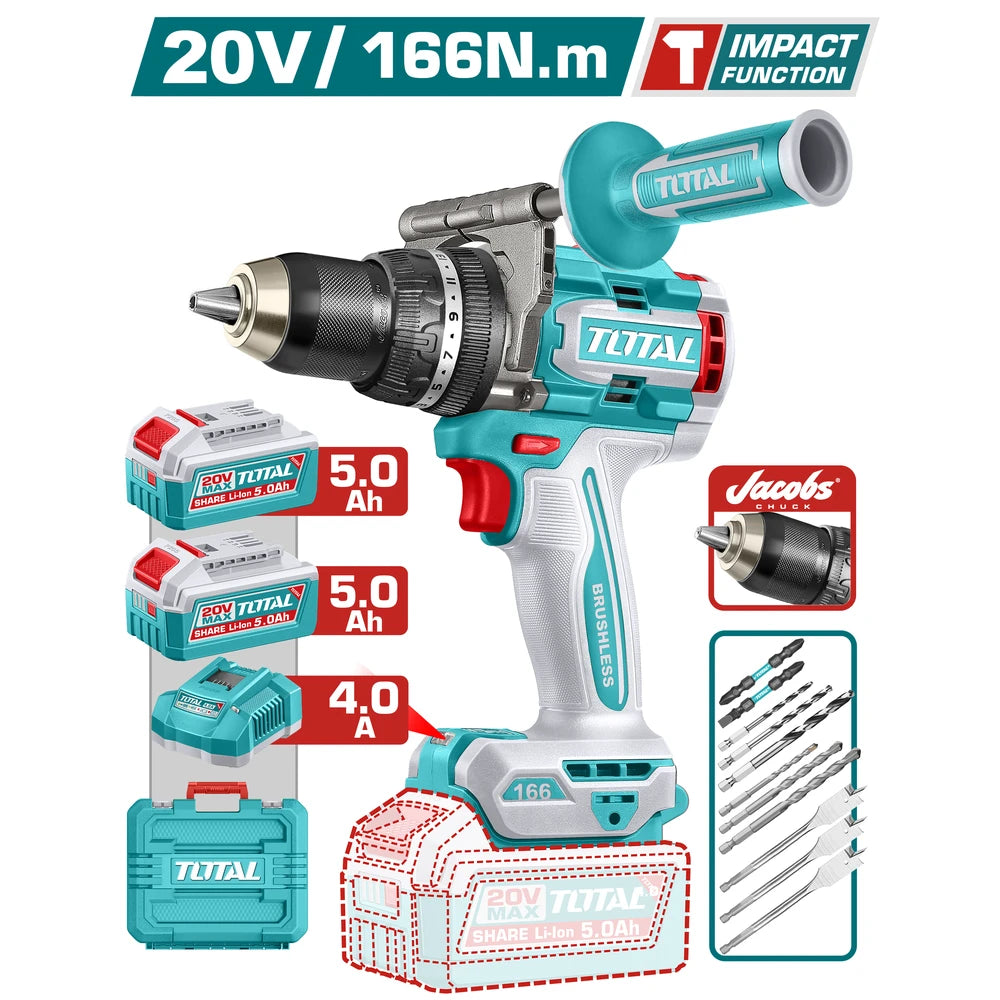 Brushless Cordless Impact Drill 20V 166Nm with Battery - TOTAL
