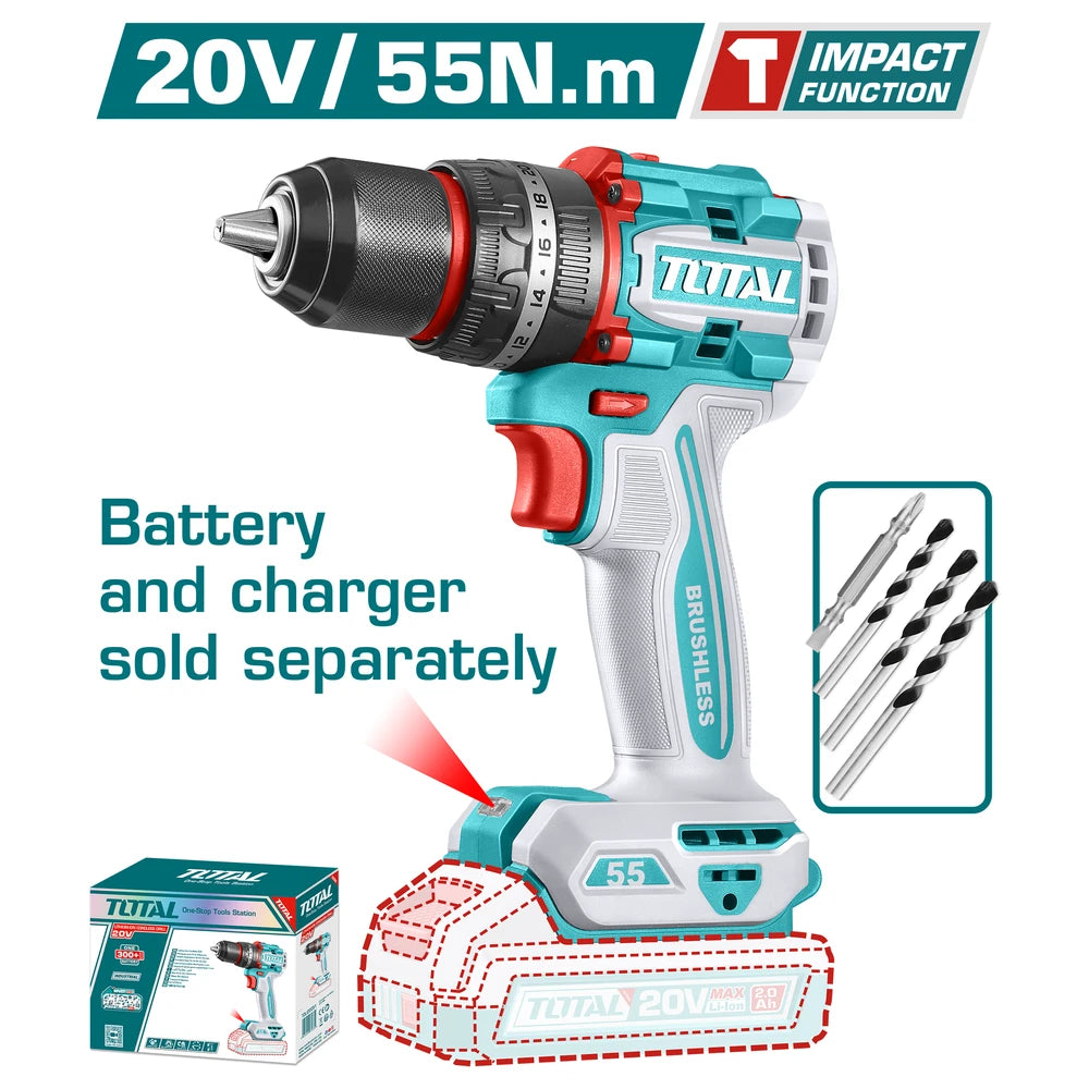 Compact Brushless Cordless Impact Drill 20V 55Nm (Tool Only) - TOTAL