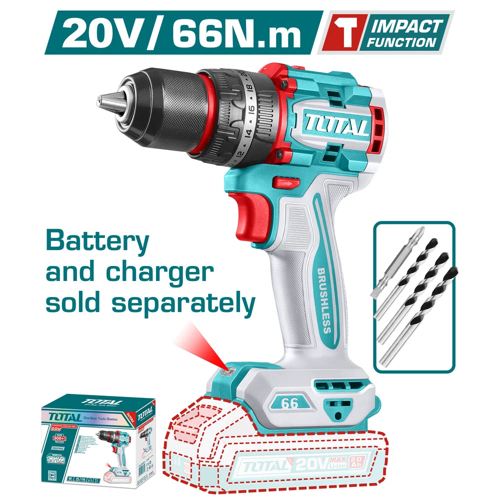Compact Brushless Cordless Impact Drill 20V 66Nm (Tool Only) - TOTAL