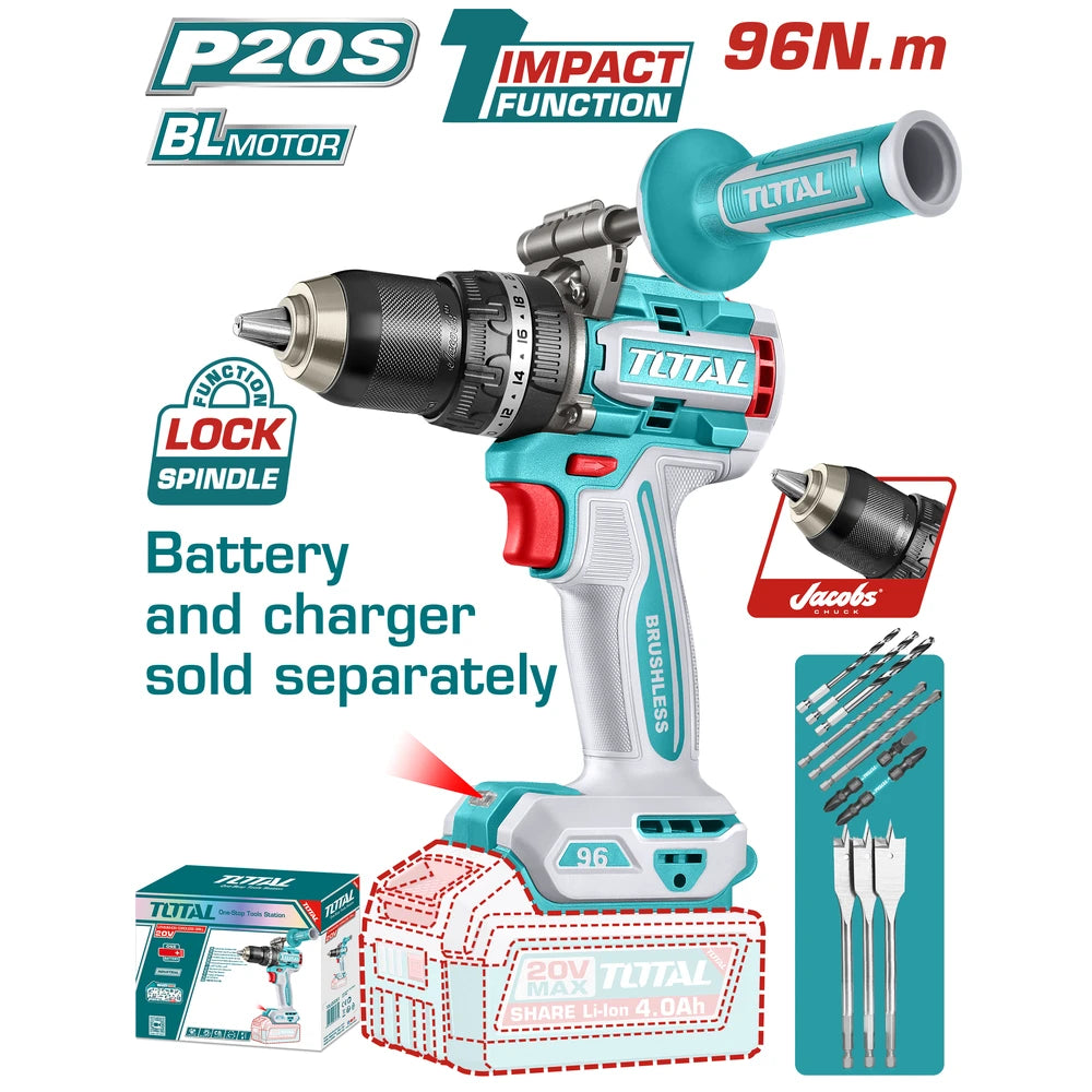 Brushless Cordless Impact Drill 20V 96Nm 31500bpm (Tool Only) - TOTAL