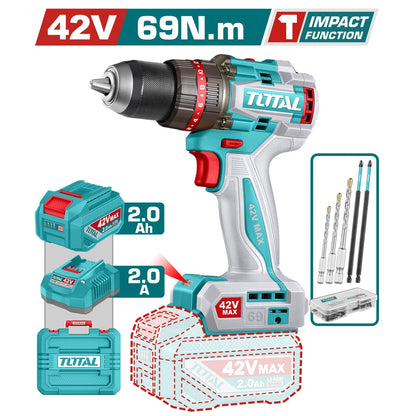 Compact Brushless Cordless Impact Drill 42V 69Nm with Battery - TOTAL