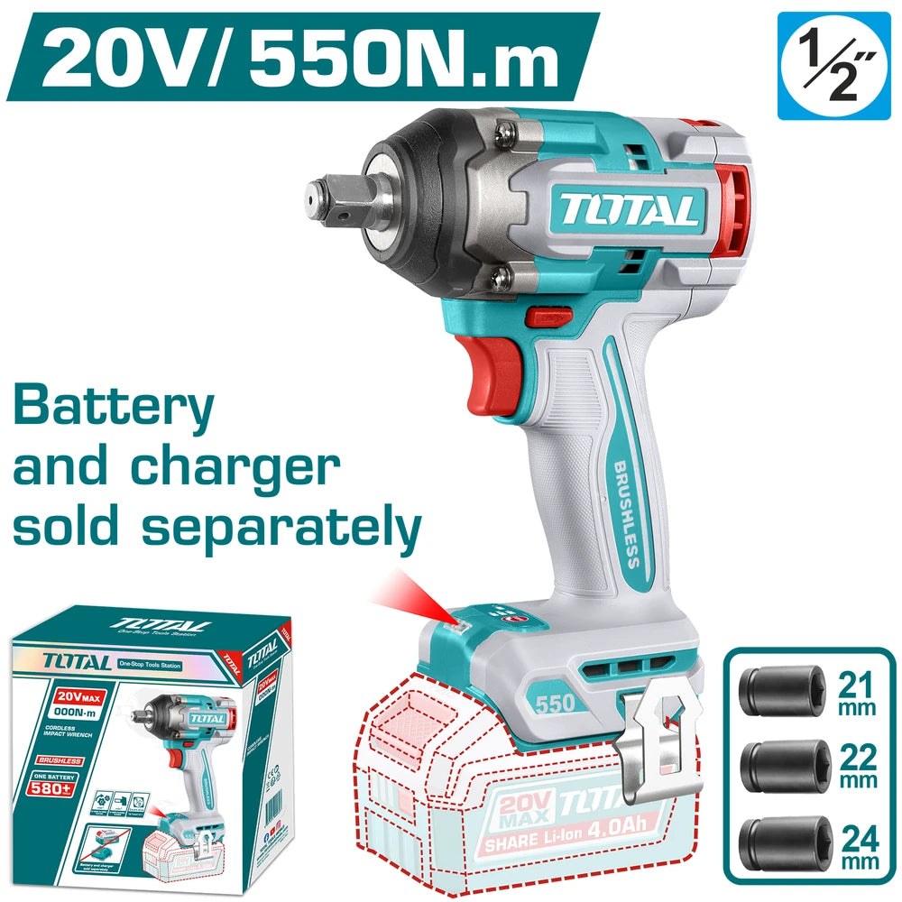 Cordless Impact Wrench 20V 550Nm (Tool Only) - TOTAL
