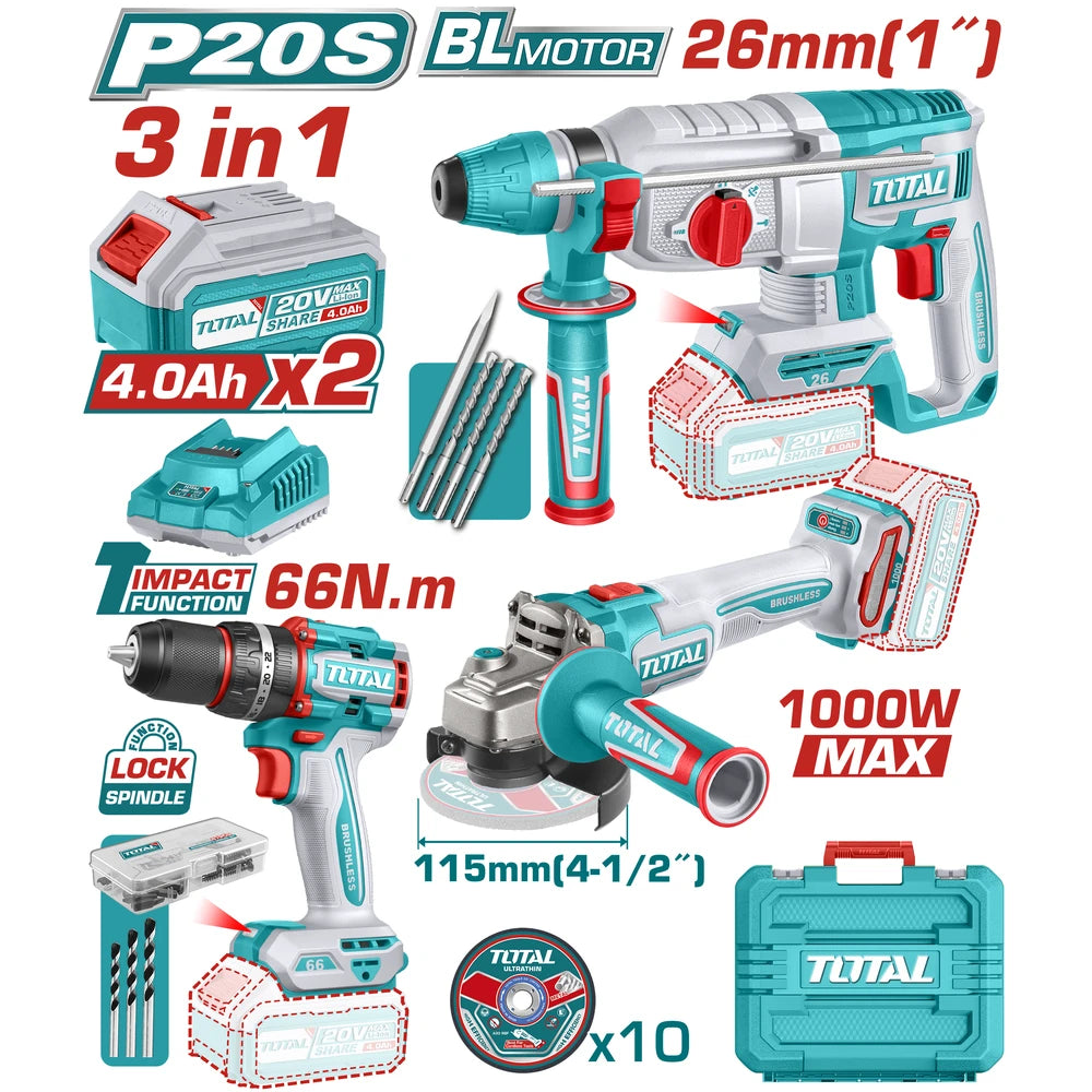 Cordless 3 Pcs Combo Kit 20V 66Nm with Battery - TOTAL