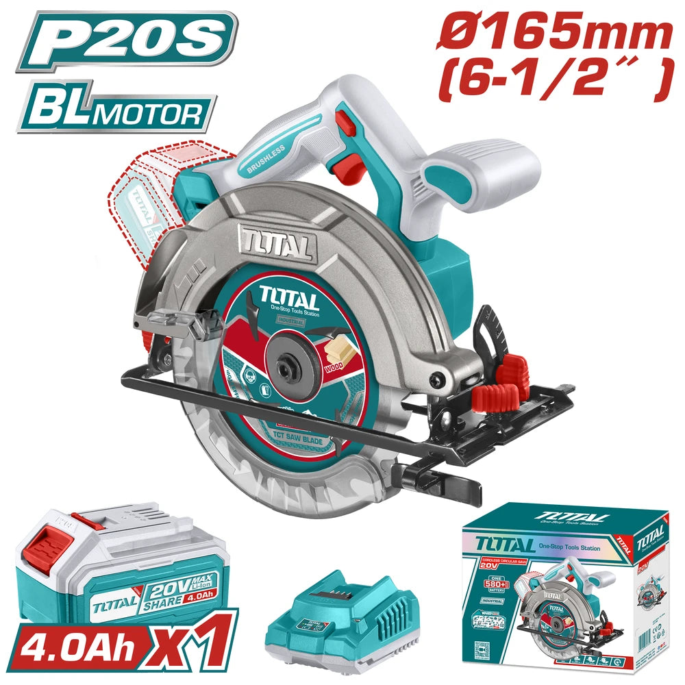 Cordless Circular Saw 20V 165mm with Battery - TOTAL