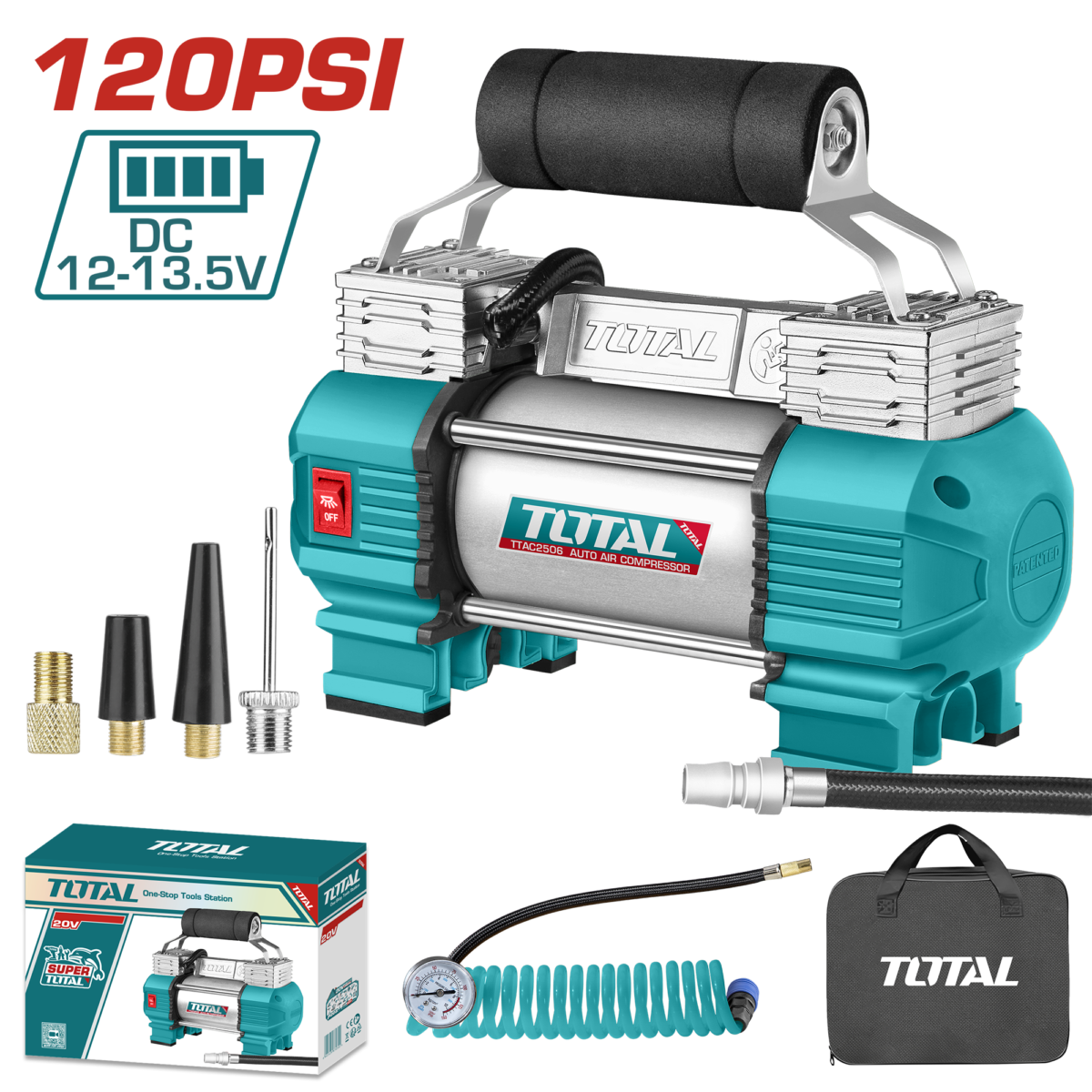 TOTAL Auto Air Compressor 12V – High Pressure Portable Tire Inflator – 120 PSI (TTAC2506)
