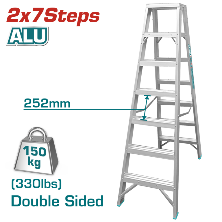 TOTAL Double-Sided Aluminum Step Ladder – 2×7 Steps, 150kg Load Capacity (THLAD01071)