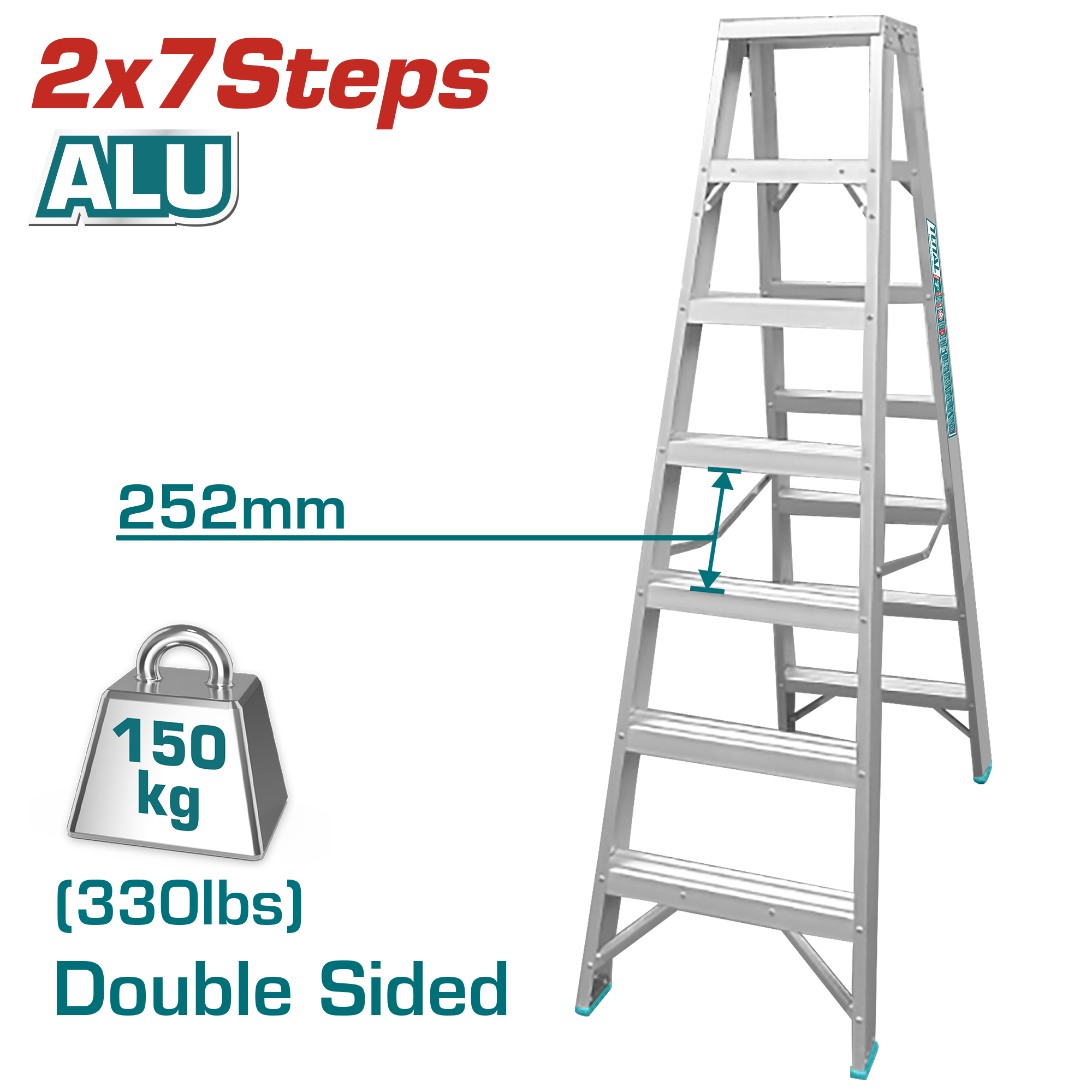 TOTAL Double-Sided Aluminum Step Ladder – 2×7 Steps, 150kg Load Capacity (THLAD01071)