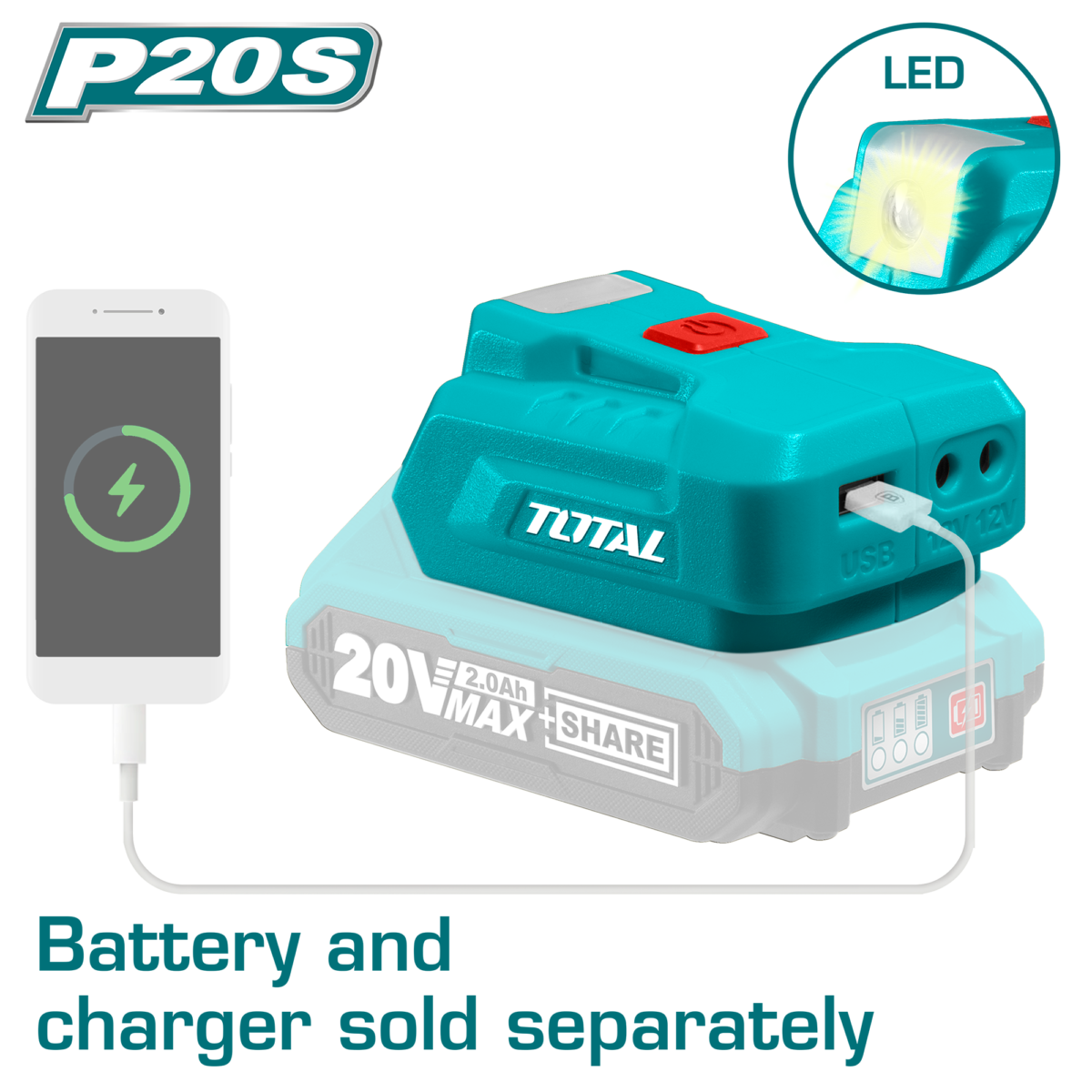 TOTAL 20V Cordless Power Source – USB Output 5V/1A & 12V/0.5A with LED Function – Battery & Charger Sold Separately (TUCLI2022)