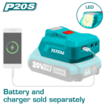 مزود طاقة / شاحن يعمل على بطاريات ال20 فولت – مخرج USB 5V/1A و 12V/0.5A مع إضاءة LED - بدون البطارية و سلك الشحن من توتال (TUCLI2022)