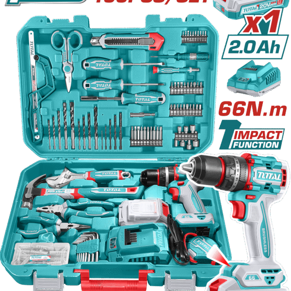 TOTAL 165 Pcs Professional Tool Set with 20V Cordless Impact Drill 66N.m & Carrying Case (THKTHP11652)