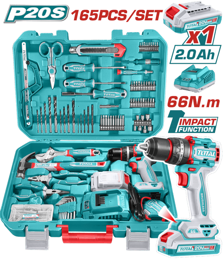 TOTAL 165 Pcs Professional Tool Set with 20V Cordless Impact Drill 66N.m & Carrying Case (THKTHP11652)
