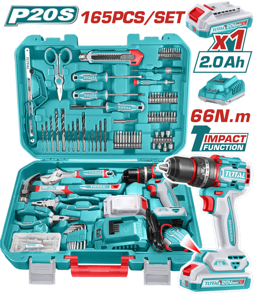 TOTAL 165 Pcs Professional Tool Set with 20V Cordless Impact Drill