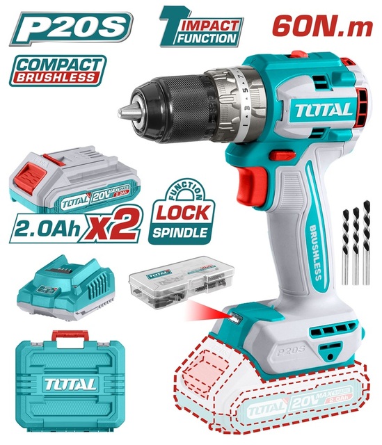 Lithium-Ion compact brushless impact drill 20V / 2Ah / 60Nm BL Motor (TIDLI20602)