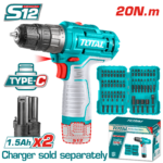 TOTAL 12V Cordless Drill 20N.m with 2 Batteries + Gift 50pcs Accessory Kit (TOSLI24011)