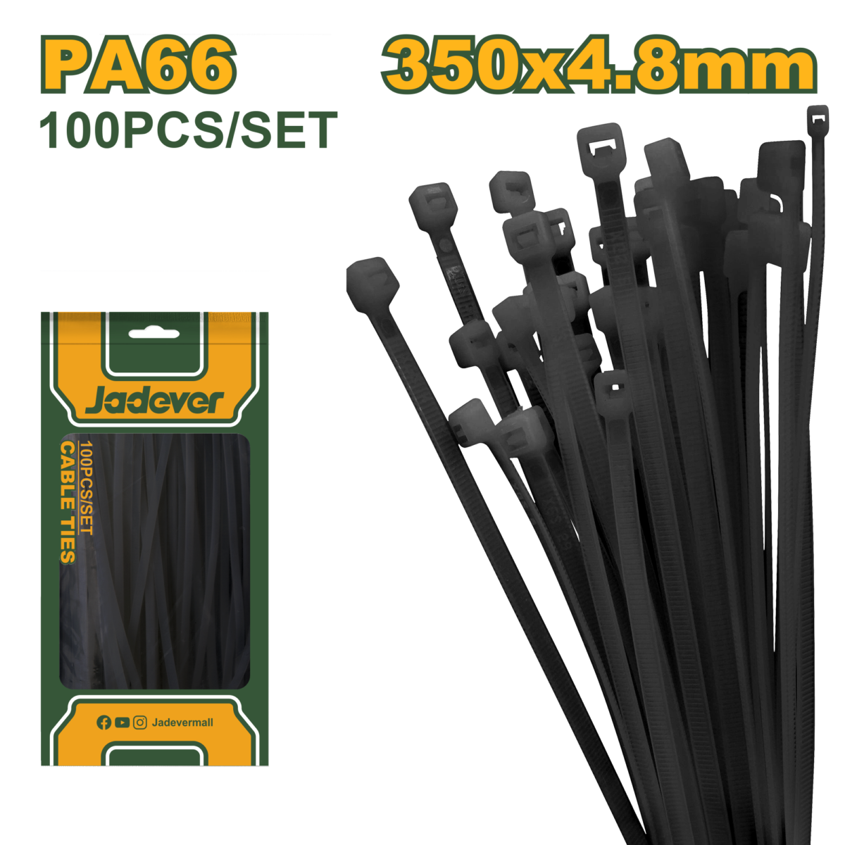 JADEVER 100pcs Black Cable Ties 350x4.8mm (JDTEB535048)