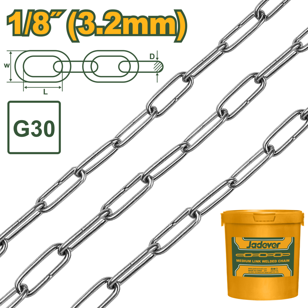 JADEVER Medium Link Welded Chain 125m (JDTLT1B03) سلسلة روابط متوسطة ملحومة 125 متر من جادايفر (JDTLT1B03)