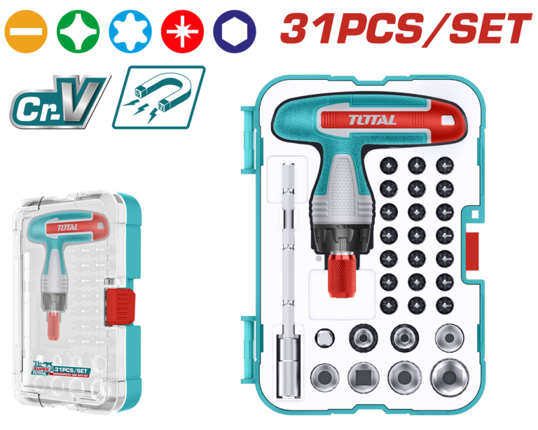 TOTAL 31 Pcs T-Handle Wrench Screwdriver Set (TACSD30316) طقم 31 قطعة مفكات و بوكسات بمقبض-T من توتال (TACSD30316)