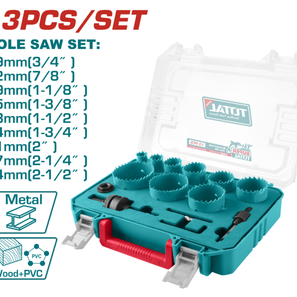 TOTAL 13 Pcs Bi-Metal Hole Saw Set (TACSH0132) طقم هولسو حديد 13 قطعة من توتال (TACSH0132)