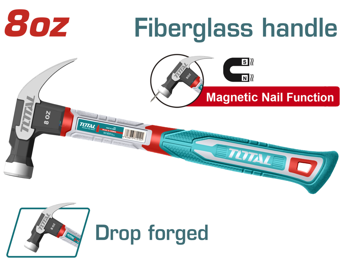 TOTAL Claw Hammer with Magnetic Nail Function 220g | 8oz (THCH61008) شاكوش خلع مع خاصية تثبيت المسامير المغناطيسية 220 غم | 8 أونص من توتال (THCH61008)