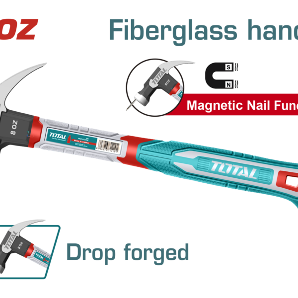 TOTAL Claw Hammer with Magnetic Nail Function 220g | 8oz (THCH61008) شاكوش خلع مع خاصية تثبيت المسامير المغناطيسية 220 غم | 8 أونص من توتال (THCH61008)