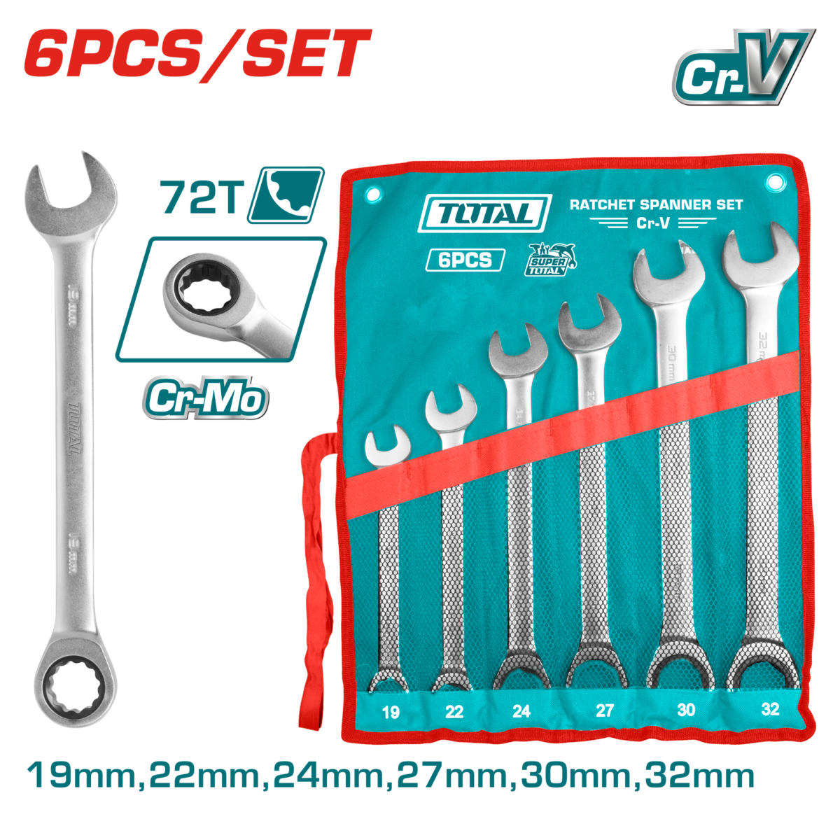 TOTAL 6 Pcs Ratchet Spanner Set 19-32mm (THT102RK061) طقم شق رنج طقطيقة 6 قطع 19-32 ملم من توتال (THT102RK061)