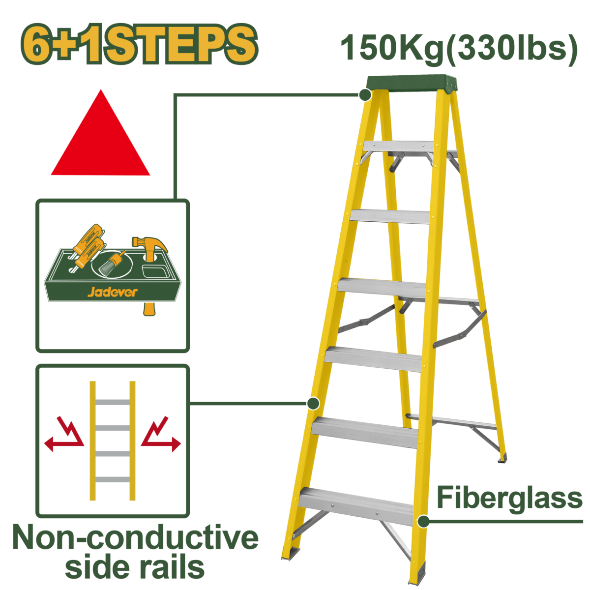 JADEVER Single-Side Fiberglass Ladder 6+1 Steps | 150kg (JDLD0907)